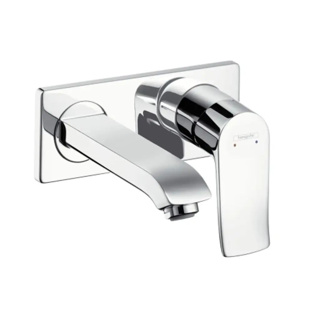Ein hängender Waschtischmischer von Hansgrohe mit einem klaren, modernen Design, einem langen Auslauf und einem Griff zur Temperatur- und Mengeneinstellung.